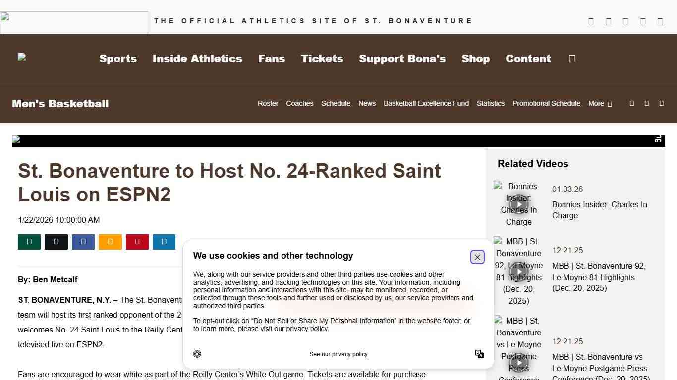 St. Bonaventure to Host No. 24-Ranked Saint Louis on ESPN2 - St. Bonaventure