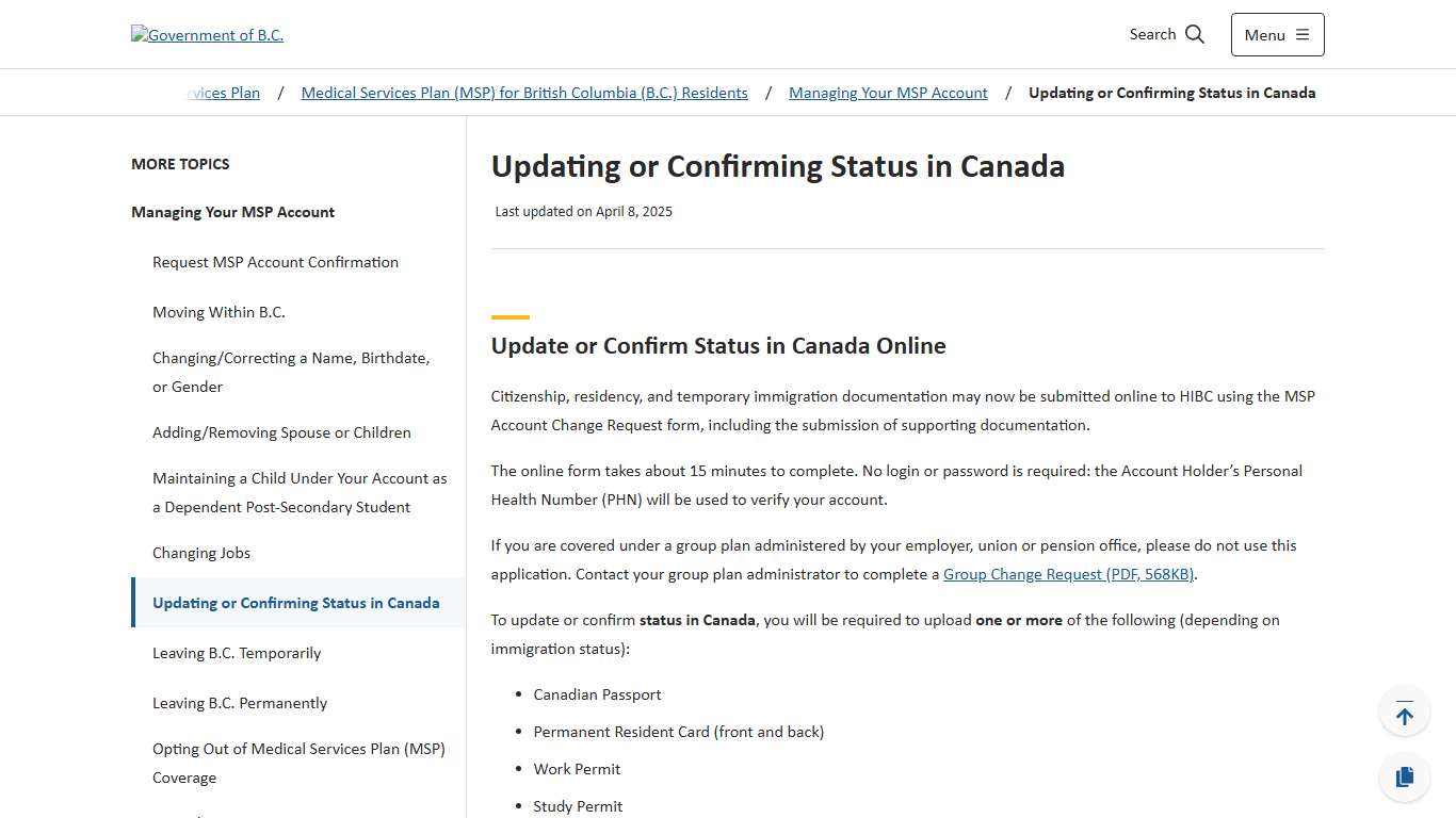Updating or Confirming Status in Canada - Province of British Columbia